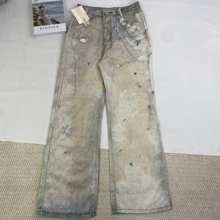 3D Printed Straight Wash Denim Pants
