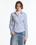 55 LACE SHIRT BABY BLUE - baby blue lace shirt, front view on female model - Cold Culture #woman