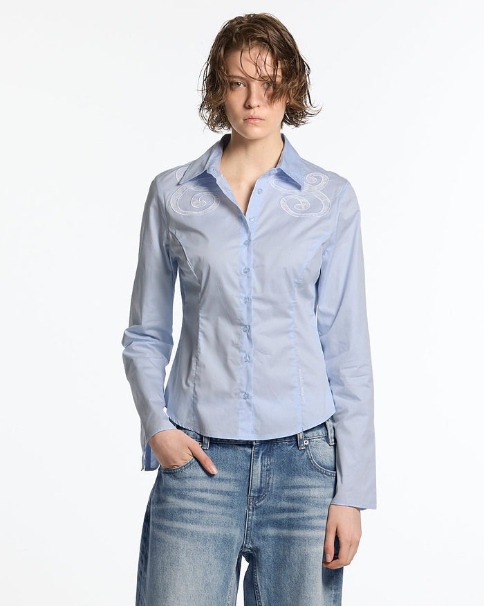 55 LACE SHIRT BABY BLUE - baby blue lace shirt, front view on female model - Cold Culture #woman