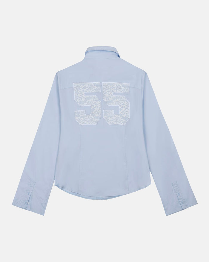 55 LACE SHIRT BABY BLUE - baby blue lace shirt, back view - Cold Culture