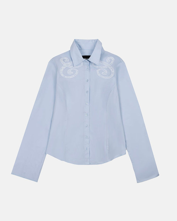 55 LACE SHIRT BABY BLUE - baby blue lace shirt, front view - Cold Culture