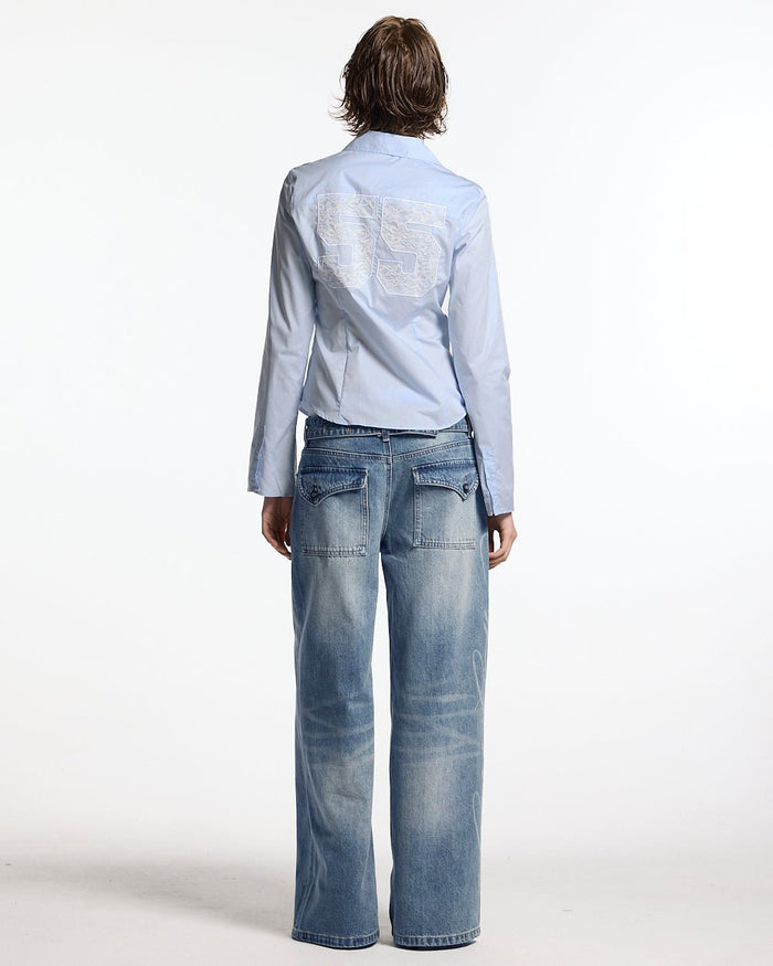 55 LACE SHIRT BABY BLUE - baby blue lace shirt, back view on female model - Cold Culture