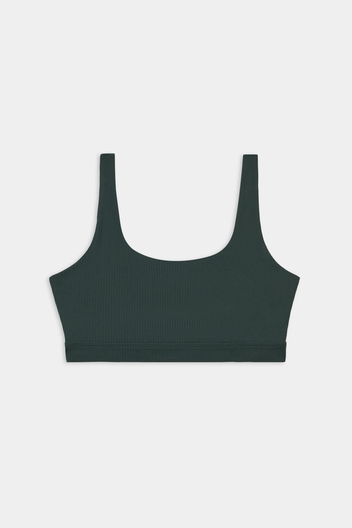 The SPLITS59 Airweight Rib Bra - Military features wide straps and a scoop neckline in dark green, made from a soft nylon-spandex blend and shown laid flat on a white background.