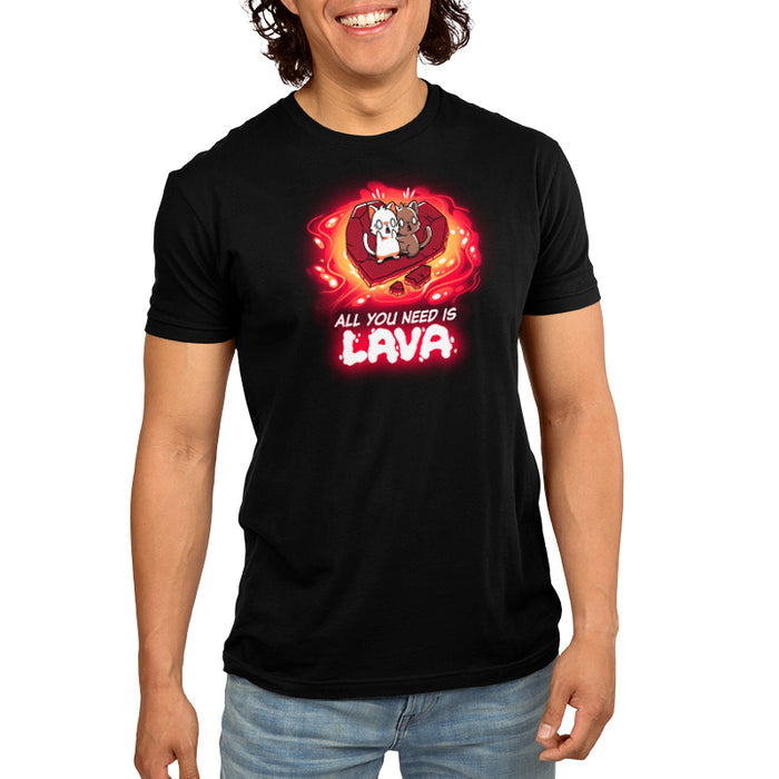 Premium Cotton T-shirt_TeeTurtle black All You Need is Lava apparel featuring two scared cats standing on a piece of heart shaped stone, floating in a pool of lava. Caption reads, "all you need is lava".