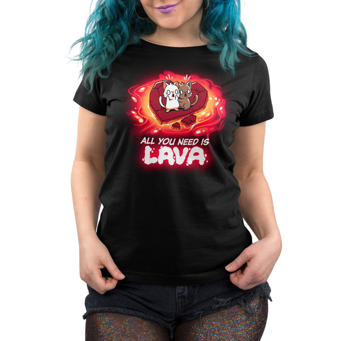 Premium Cotton T-shirt_TeeTurtle black All You Need is Lava apparel featuring two scared cats standing on a piece of heart shaped stone, floating in a pool of lava. Caption reads, "all you need is lava".