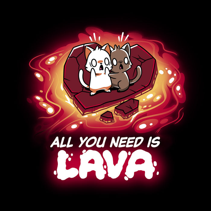 Classic Cotton T-shirt_TeeTurtle black All You Need is Lava apparel featuring two scared cats standing on a piece of heart shaped stone, floating in a pool of lava. Caption reads, "all you need is lava".