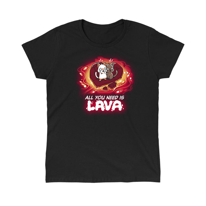 Classic Cotton T-shirt_TeeTurtle black All You Need is Lava apparel featuring two scared cats standing on a piece of heart shaped stone, floating in a pool of lava. Caption reads, "all you need is lava".
