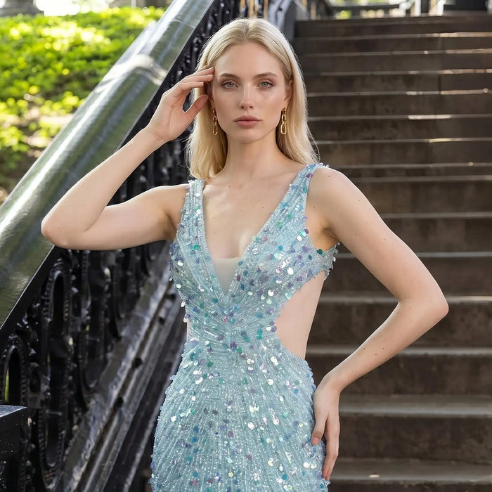 Aqua Satin Mermaid Prom Dress Deep V Neck  Sleeveless High Slit  Gown  SH354 Sheer Fairy
