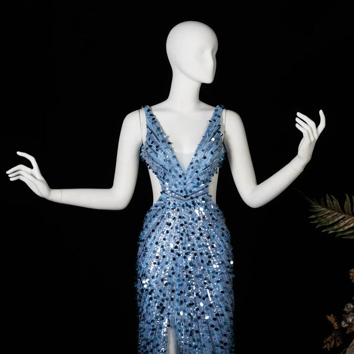 Aqua Satin Mermaid Prom Dress Deep V Neck  Sleeveless High Slit  Gown  SH354 Sheer Fairy