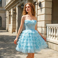 Aqua Strapless Tiered Tulle Homecoming Dress with Lace Corset Bodice RM133 Sheer Fairy