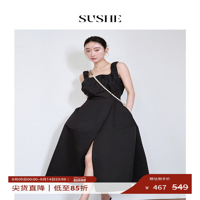 Shuxi SUSHE Row style lazy wave U neck tank top skirt high slit slimming black dress summer image 0