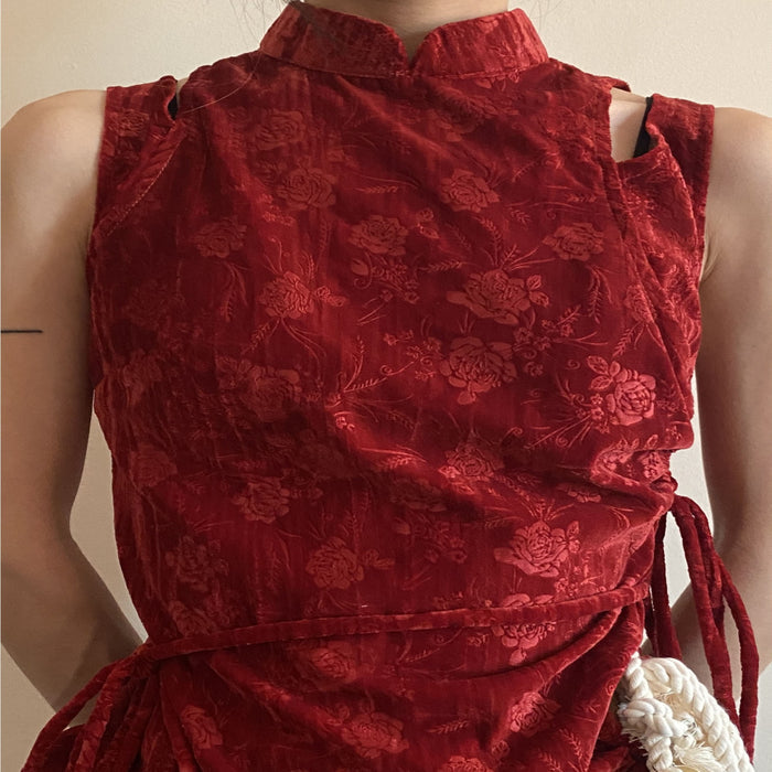 limp online original winter rose retro velvet red new Chinese cheongsam asymmetrical pleated top image 0