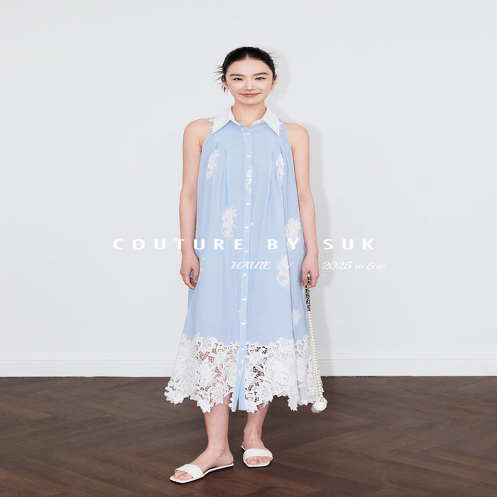 SUK Art Blues 05 Spring Summer new blue lace patchwork lace design halter neck dress image 0
