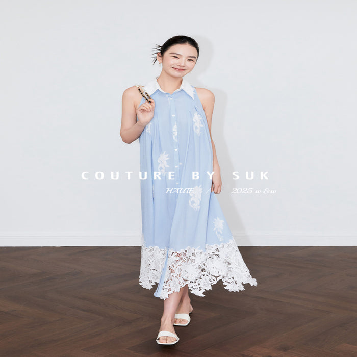 SUK Art Blues 05 Spring Summer new blue lace patchwork lace design halter neck dress image 2