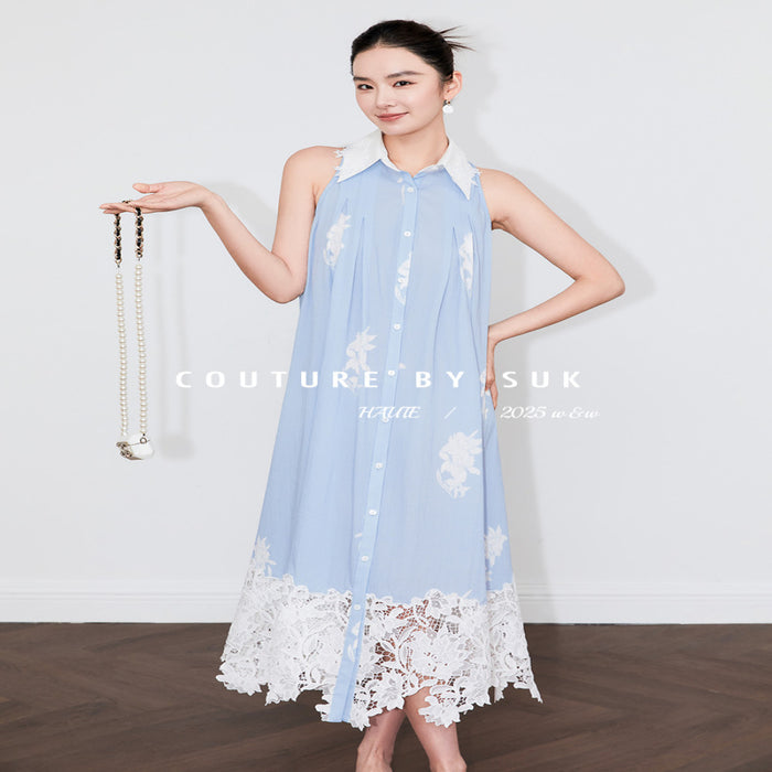 SUK Art Blues 05 Spring Summer new blue lace patchwork lace design halter neck dress image 3