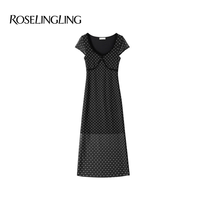 Black background with white polka dots short sleeved ribbon delivery / XS