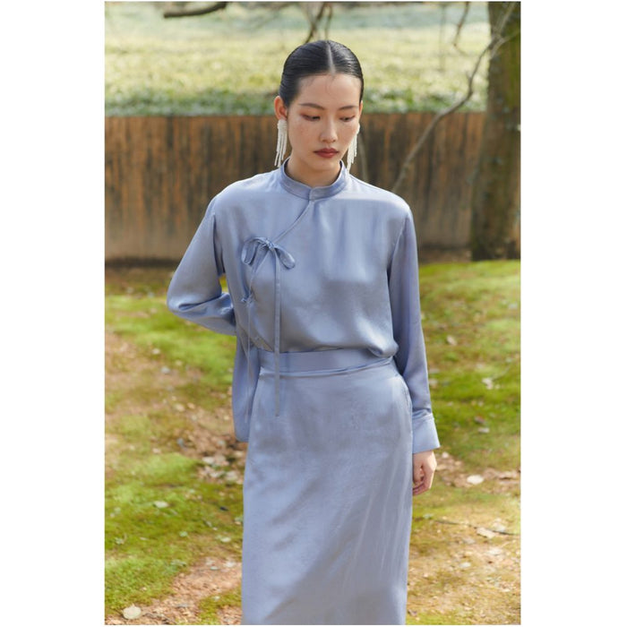SALE6 Blue Dot Original Design New Chinese Blue Acetic Acid Asymmetric Half Body Skirt Spring image 1