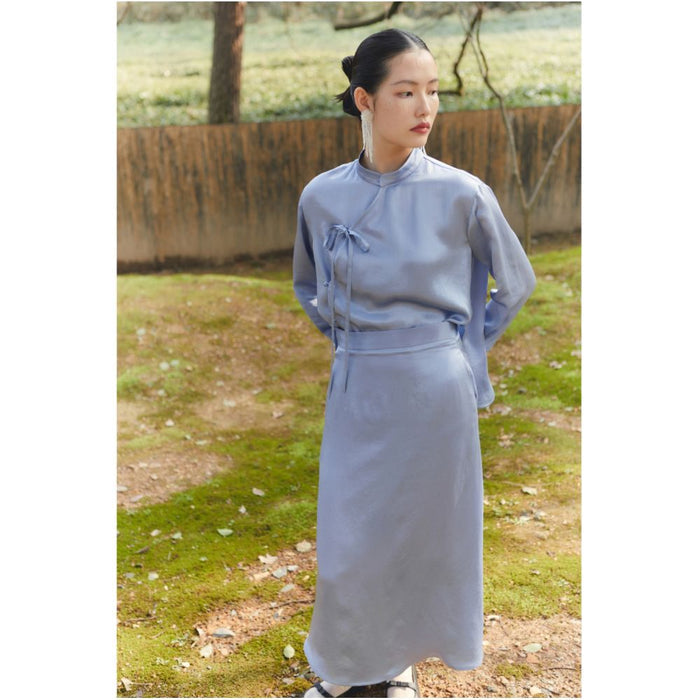 SALE6 Blue Dot Original Design New Chinese Blue Acetic Acid Asymmetric Half Body Skirt Spring image 2