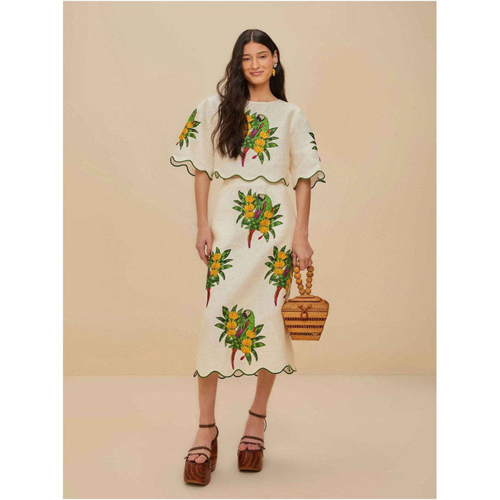 Brazilian niche designer colorful linen print puff sleeve cropped top pencil skirt set for women image 0