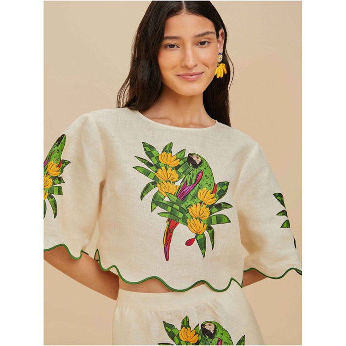 Brazilian niche designer colorful linen print puff sleeve cropped top pencil skirt set for women image 1
