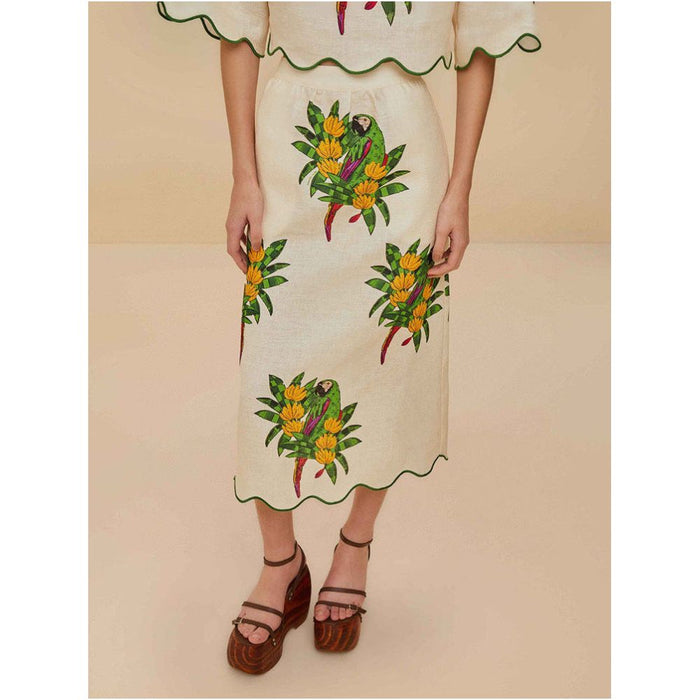 Brazilian niche designer colorful linen print puff sleeve cropped top pencil skirt set for women image 2