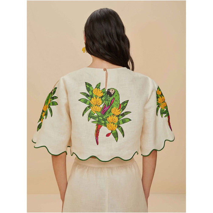 Brazilian niche designer colorful linen print puff sleeve cropped top pencil skirt set for women image 3