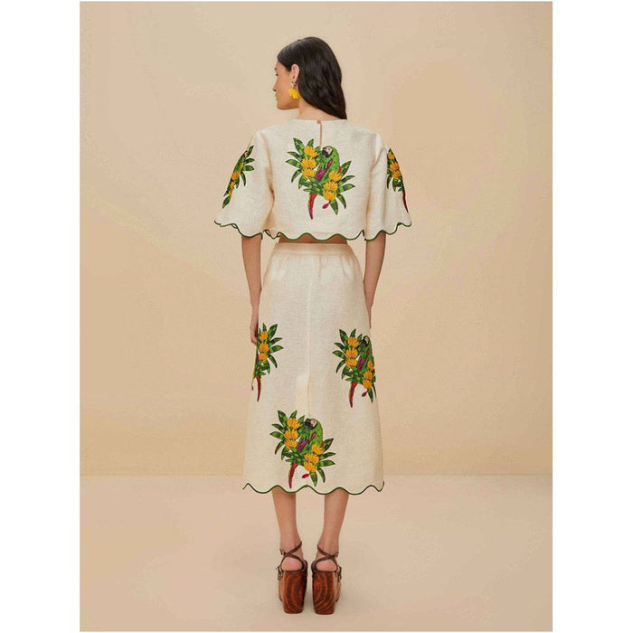 Brazilian niche designer colorful linen print puff sleeve cropped top pencil skirt set for women image 4