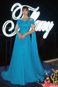 Asymmetrical Sky Blue Chiffon A-Line Evening Dress with Cape Sleeve SF067 Sheer Fairy