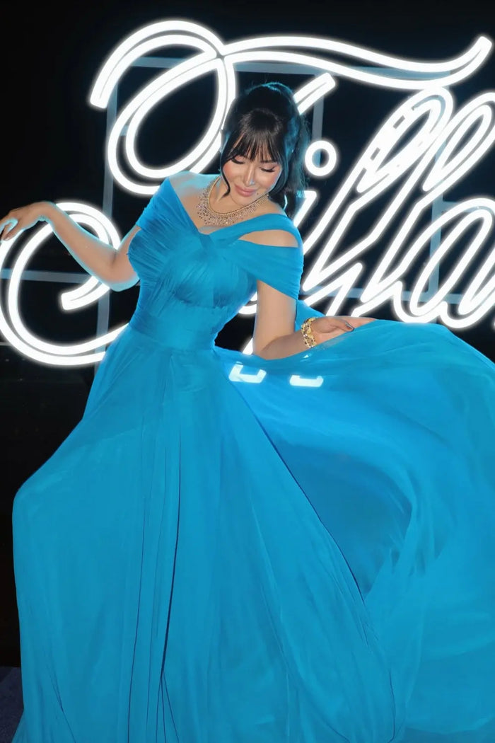 Asymmetrical Sky Blue Chiffon A-Line Evening Dress with Cape Sleeve SF067 Sheer Fairy