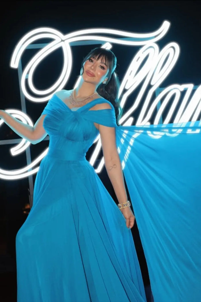 Asymmetrical Sky Blue Chiffon A-Line Evening Dress with Cape Sleeve SF067 Sheer Fairy