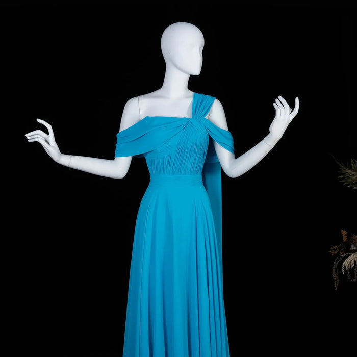 Asymmetrical Sky Blue Chiffon A-Line Evening Dress with Cape Sleeve SF067 Sheer Fairy