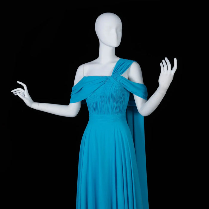 Asymmetrical Sky Blue Chiffon A-Line Evening Dress with Cape Sleeve SF067 Sheer Fairy