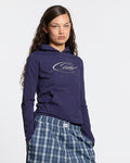 BABY SCRIPT HOODIE BLUE - blue women's hoodie, front view on female model - Cold Culture #woman