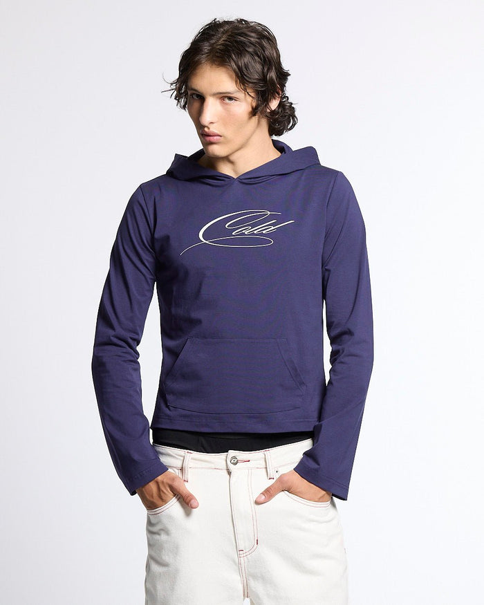 BABY SCRIPT HOODIE BLUE - blue women's hoodie, front view on male model - Cold Culture