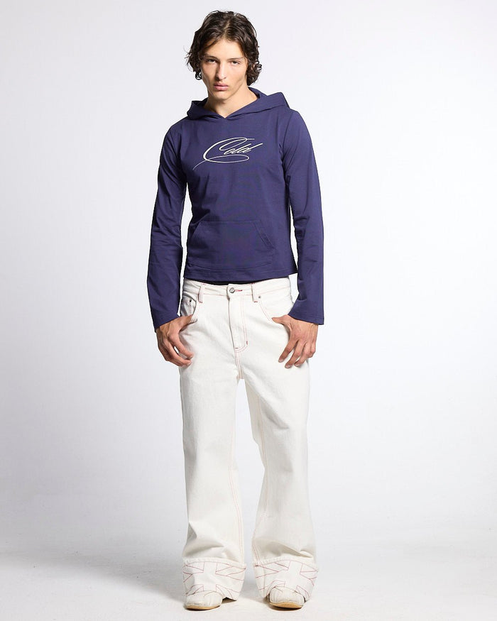 BABY SCRIPT HOODIE BLUE - blue women's hoodie, front view on male model - Cold Culture