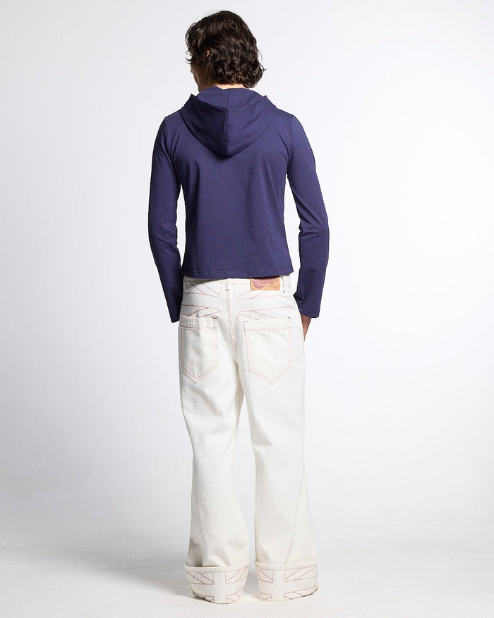 BABY SCRIPT HOODIE BLUE - blue women's hoodie, back view on male model - Cold Culture