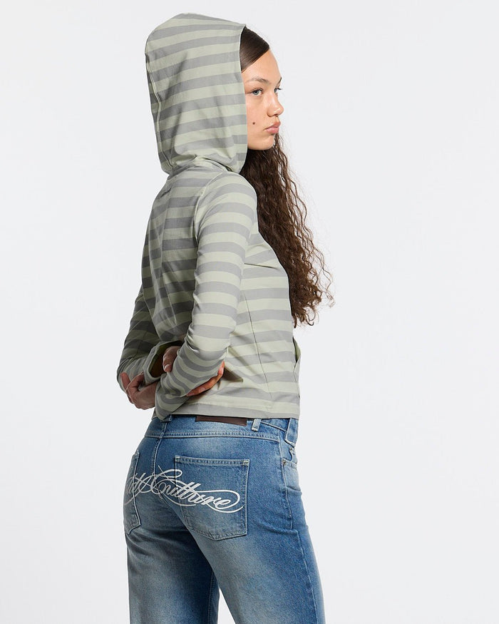 BABY SCRIPT HOODIE GREY - grey striped women's hoodie, side view - Cold Culture #woman