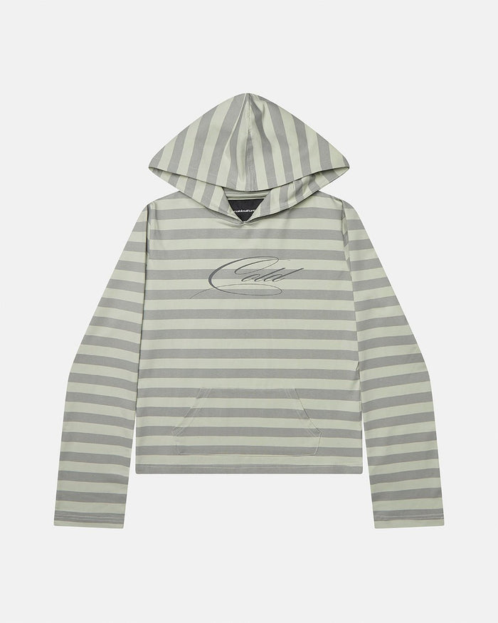 BABY SCRIPT HOODIE GREY - grey striped women's hoodie, front view - Cold Culture
