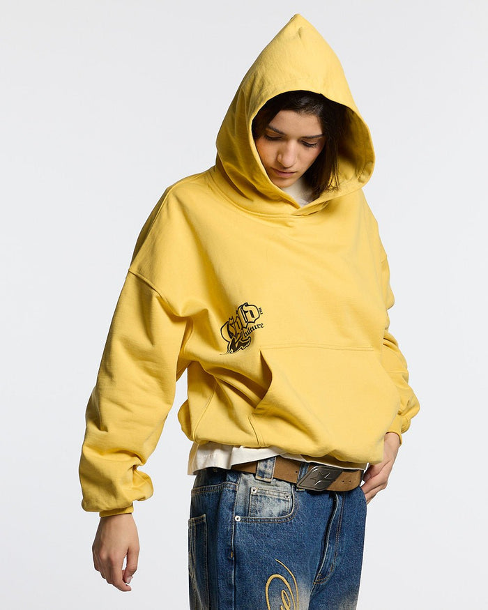 BANG BANG HOODIE YELLOW - yellow graphic print hoodie, front view on female model - Cold Culture #woman