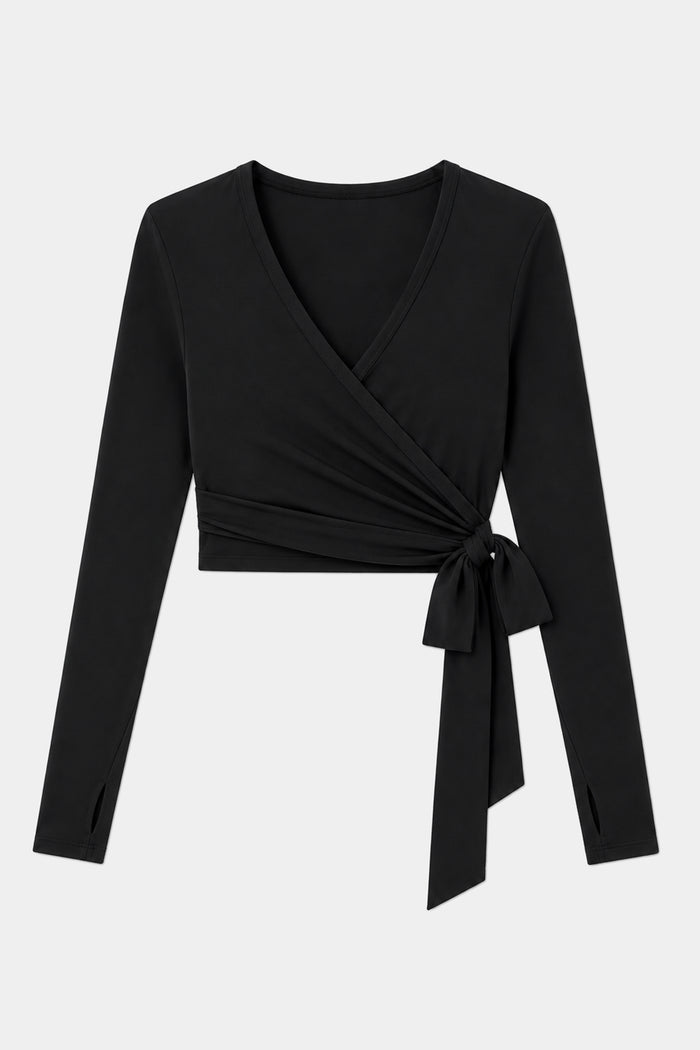 The SPLITS59 Bella Airweight Lite Wrap in black features long sleeves, a V-neckline, and a side tie, made from a soft nylon-spandex blend. Displayed on a light background.