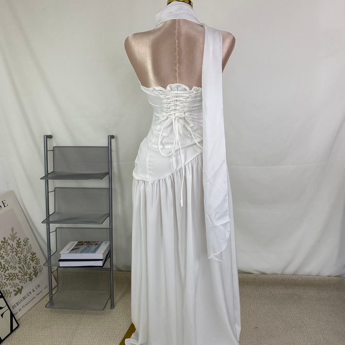Belted irregular plunging dress with frill trim