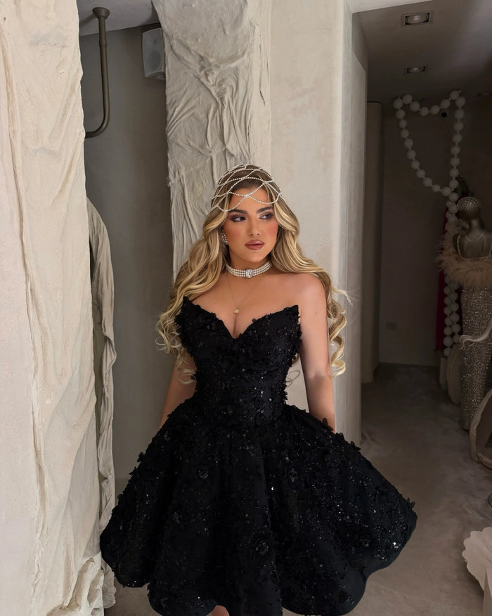 Black 3D Floral Beaded  Mini Ball Gown Homecoming Dress RM238 Sheer Fairy