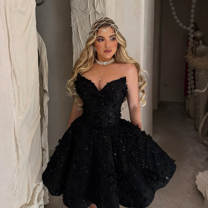 Black 3D Floral Beaded  Mini Ball Gown Homecoming Dress RM238 Sheer Fairy