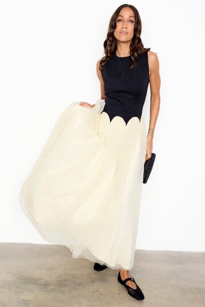 Black and Cream Monika Dress with a panelled corset-style top, scalloped edging and a pleated tulle mesh skirt.
