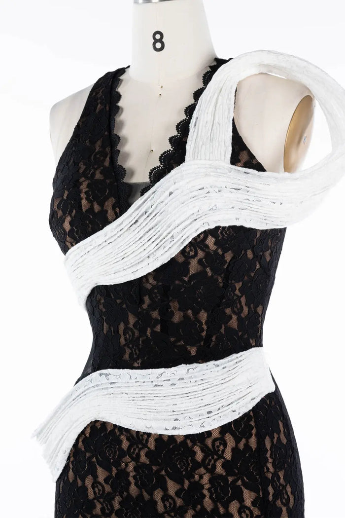 Black And White Lace Contrast High Slit Maxi Evening Dress ST041 Sheer Fairy