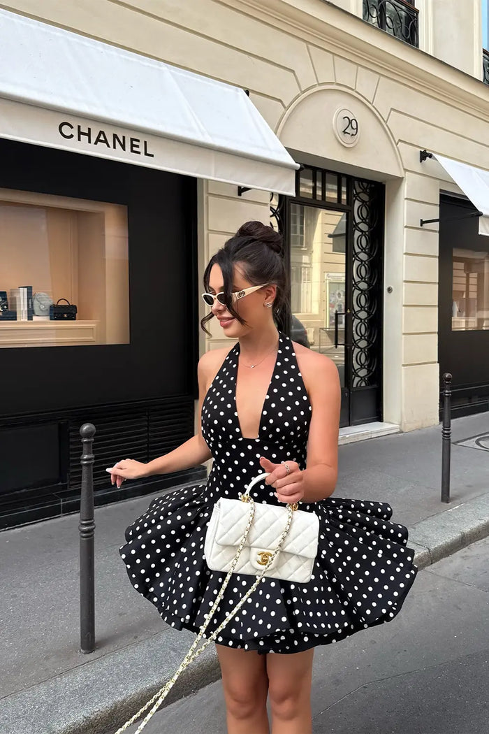 Black and White Polka Dot Halter Mini Dress Plunging V Neck Bubble Hem Party Dress RM253 Sheer Fairy