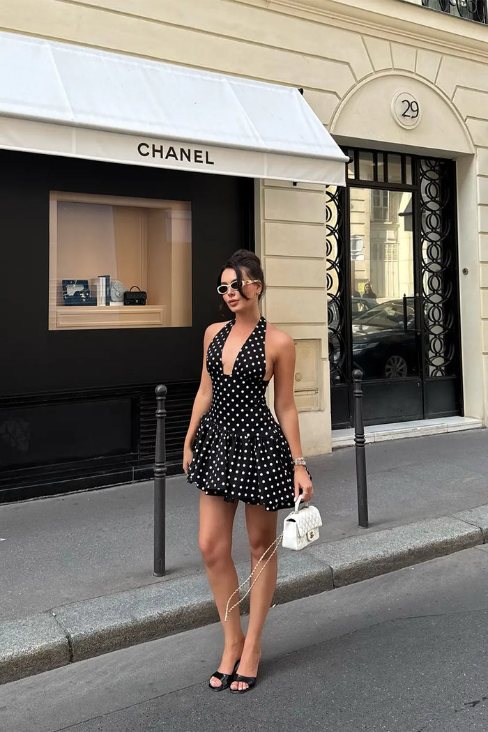 Black and White Polka Dot Halter Mini Dress Plunging V Neck Bubble Hem Party Dress RM253 Sheer Fairy