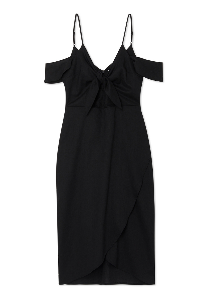 Black Cassie Dress featuring off-the-shoulder sleeves, a tie-front bust and wrap-style skirt in a linen blend.