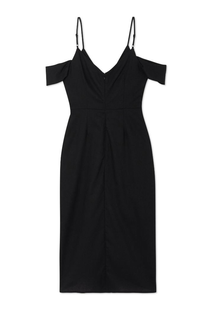 Black Cassie Dress in a heavy linen blend with off-the-shoulder sleeves and adjustable straps in a midi length.