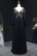 Black Chiffon V-Neck Long Sleeve A-Line Prom Dress SH146 Sheer Fairy